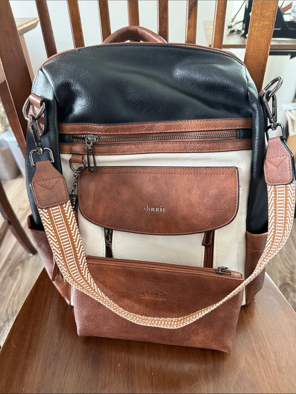 Tri-Color Women’s Backpack Purse in Black, Brown & Cream